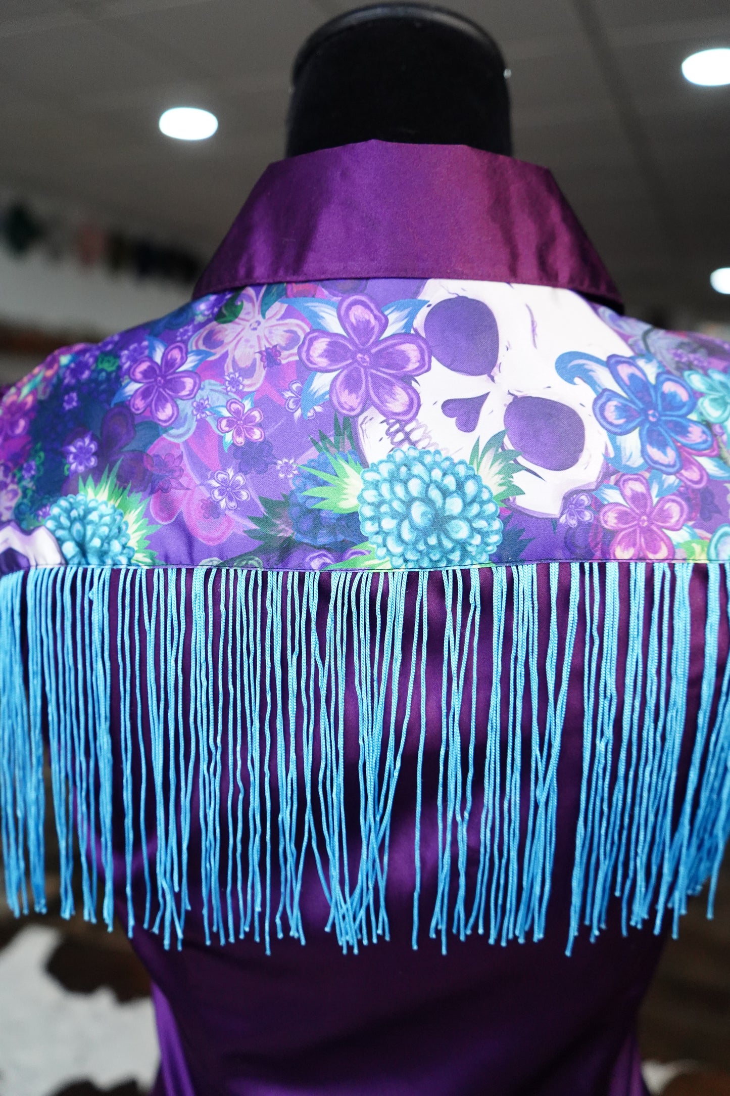 S - Purple Floral Skulls on Purple Satin w/ Fringe Button Down