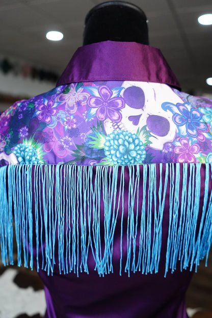 S - Purple Floral Skulls on Purple Satin w/ Fringe Button Down