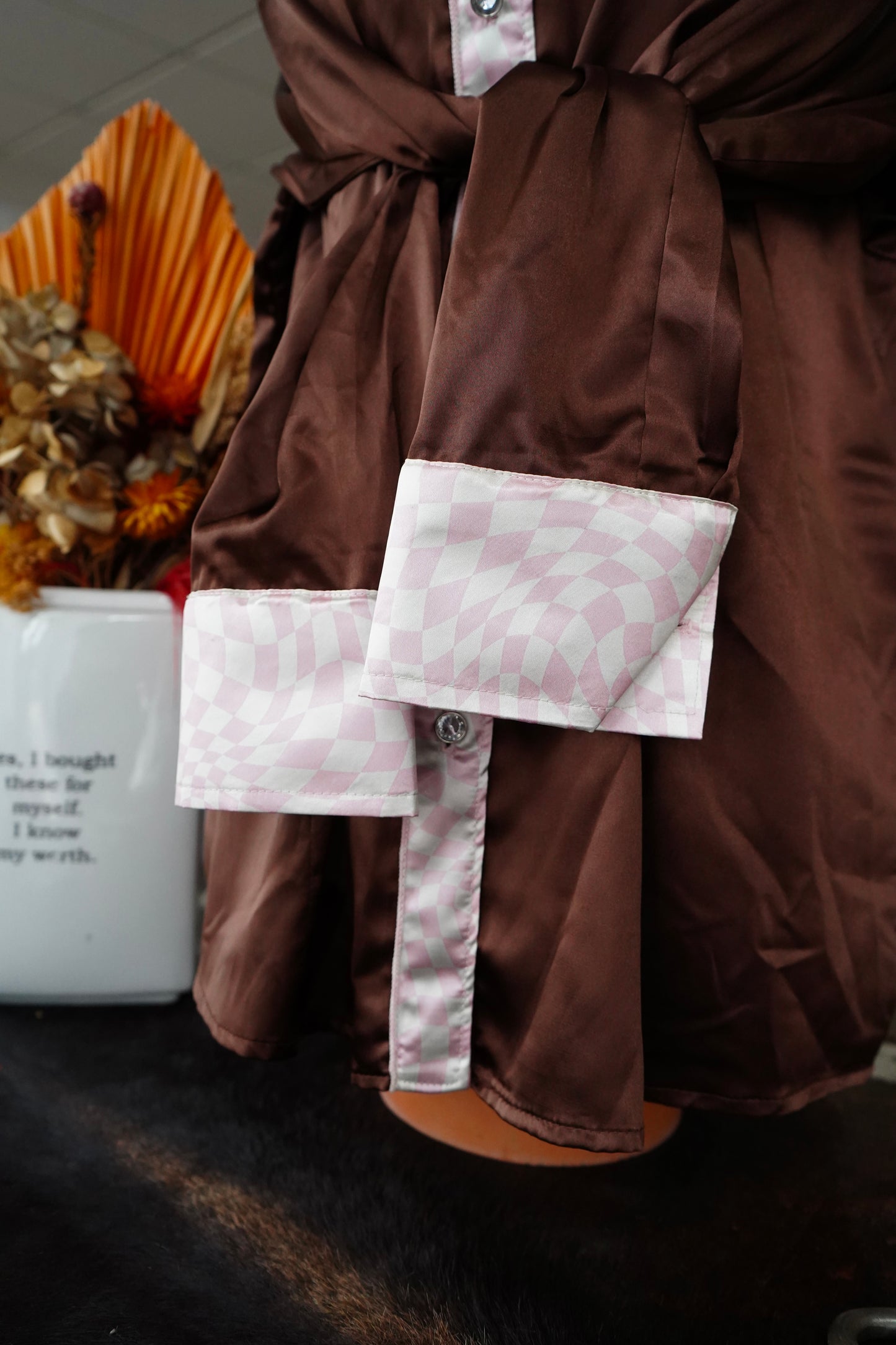 2XL - Brown Satin w/ Pink Wavy Checkered Button Down