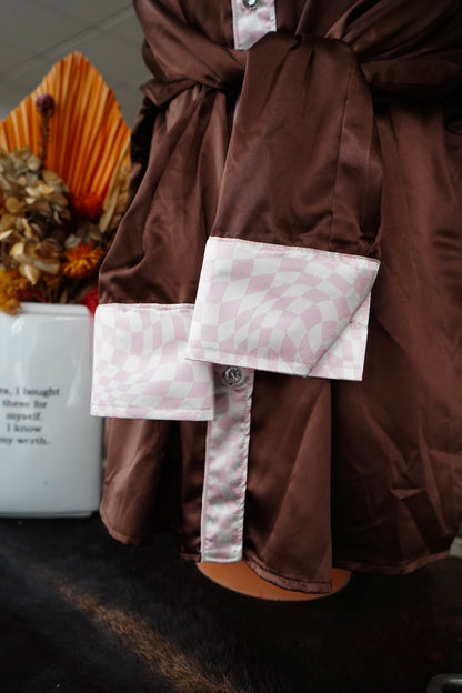 2XL - Brown Satin w/ Pink Wavy Checkered Button Down