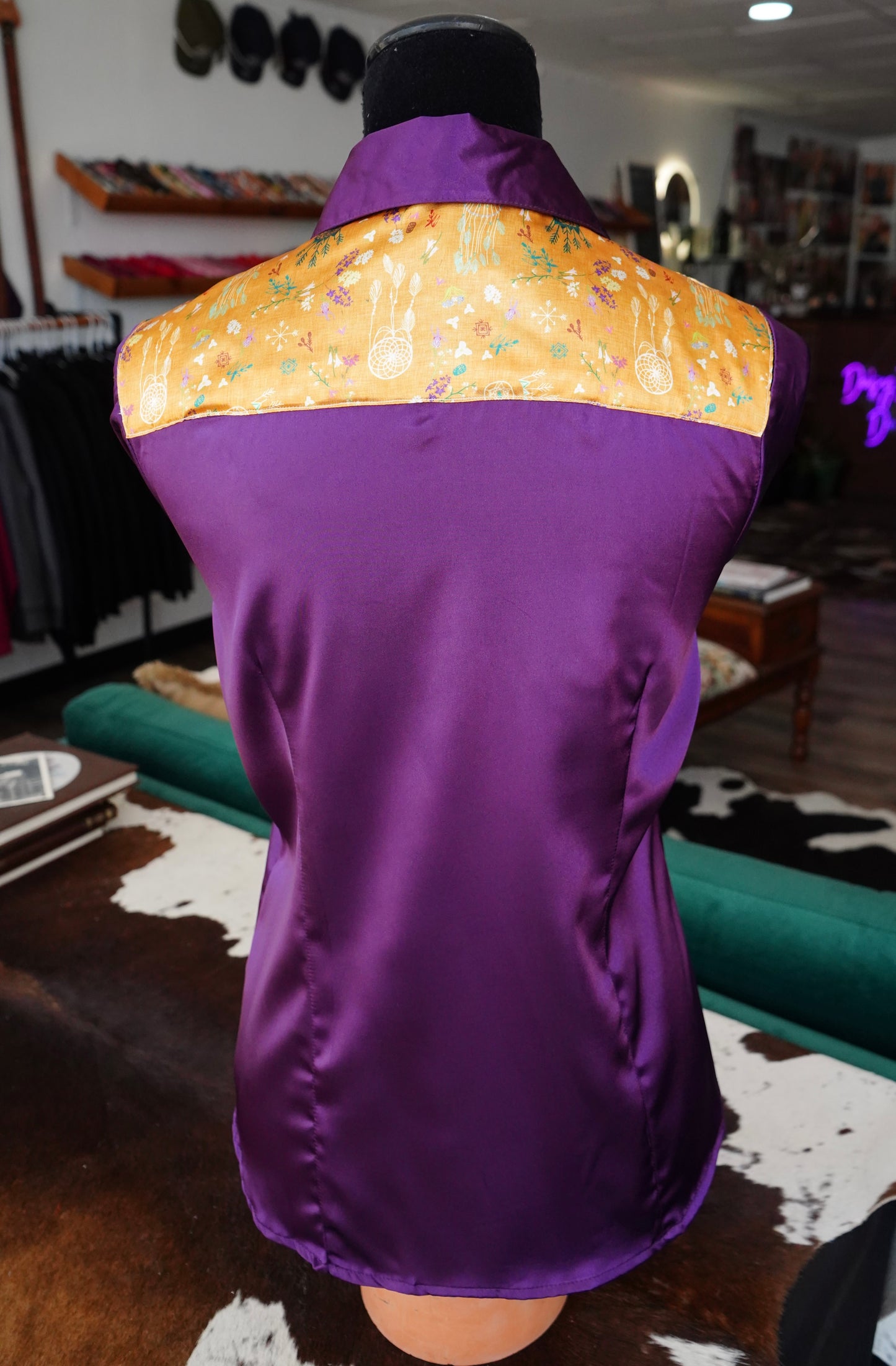 L - Mustard Dreamcatchers on Purple Satin Button Down