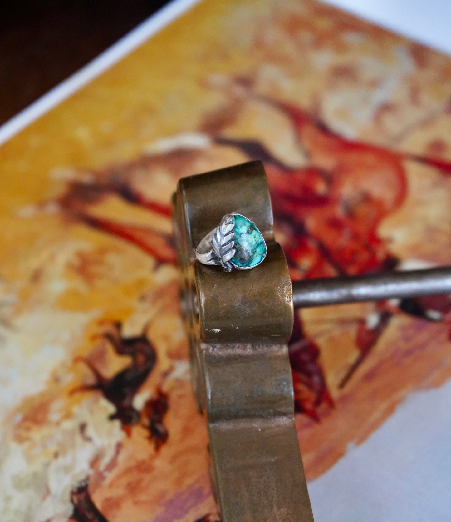 Vintage Turquoise Leaf Ring - Sz 5.25