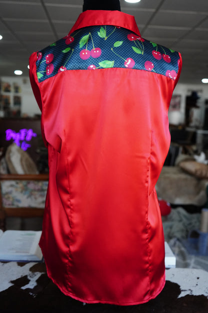 L - Polka Dot Cherries on Red Satin Button Down