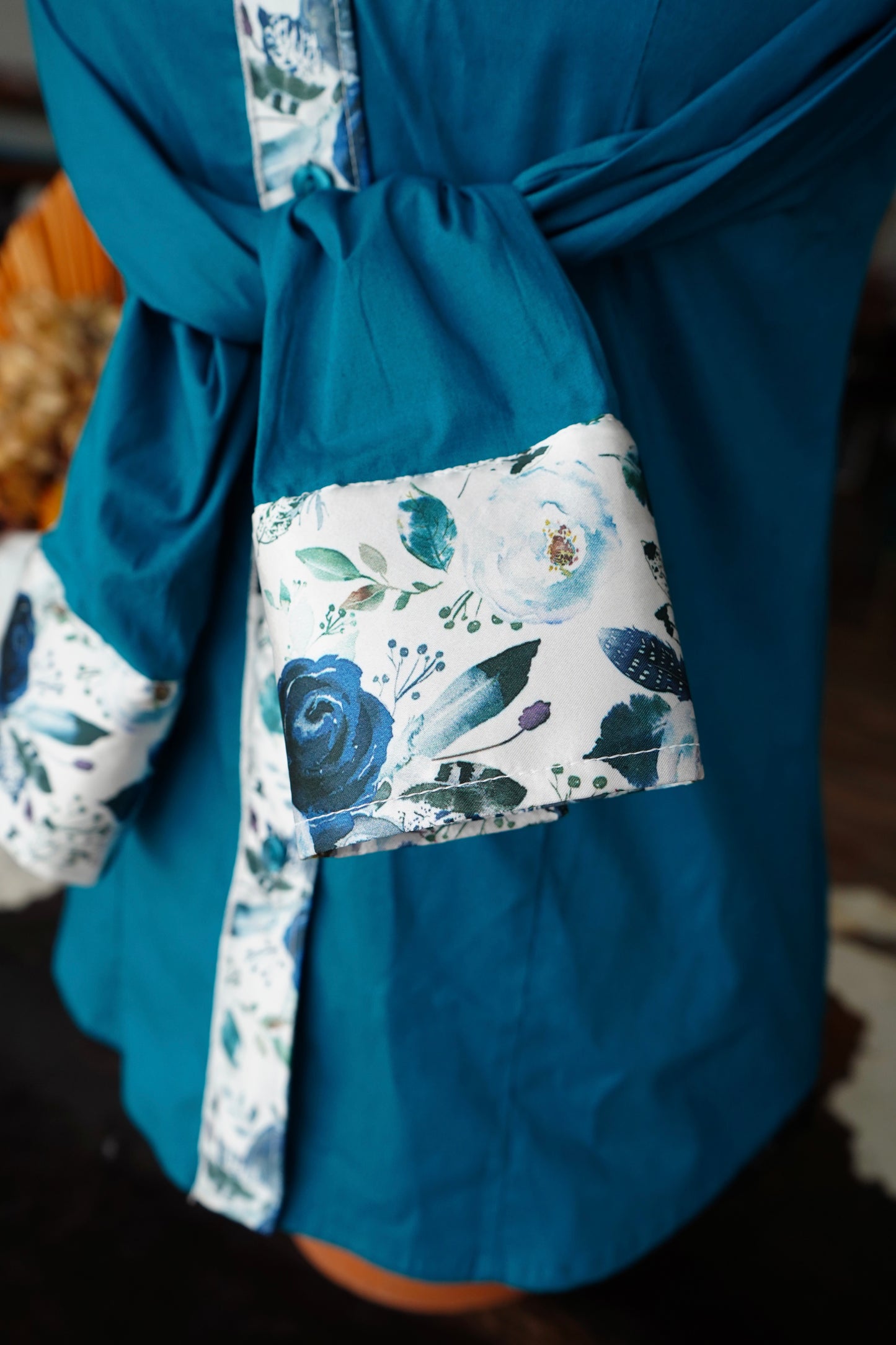S - Navy Feather Floral on Teal Cotton Button Down