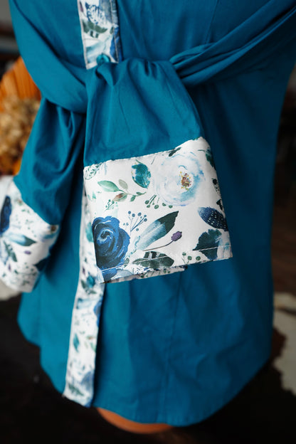 S - Navy Feather Floral on Teal Cotton Button Down