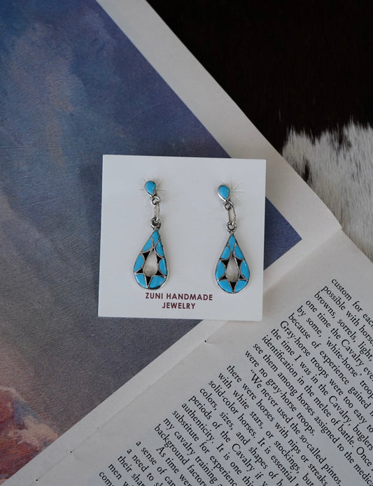 Emma Bowakaty Zuni Inlay Turquoise & Black Onyx Dangly Teardrop Stud Earrings