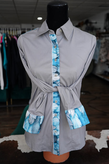M - Blue Feathers on Gray Cotton Button Down