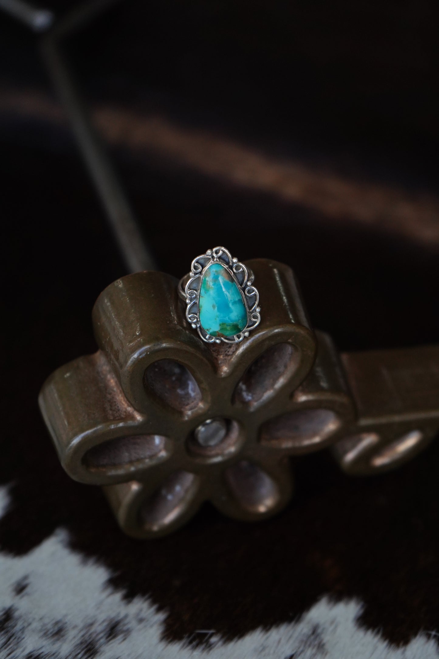 Turquoise Teardrop w/ Silver Swirl Border Ring - Adj