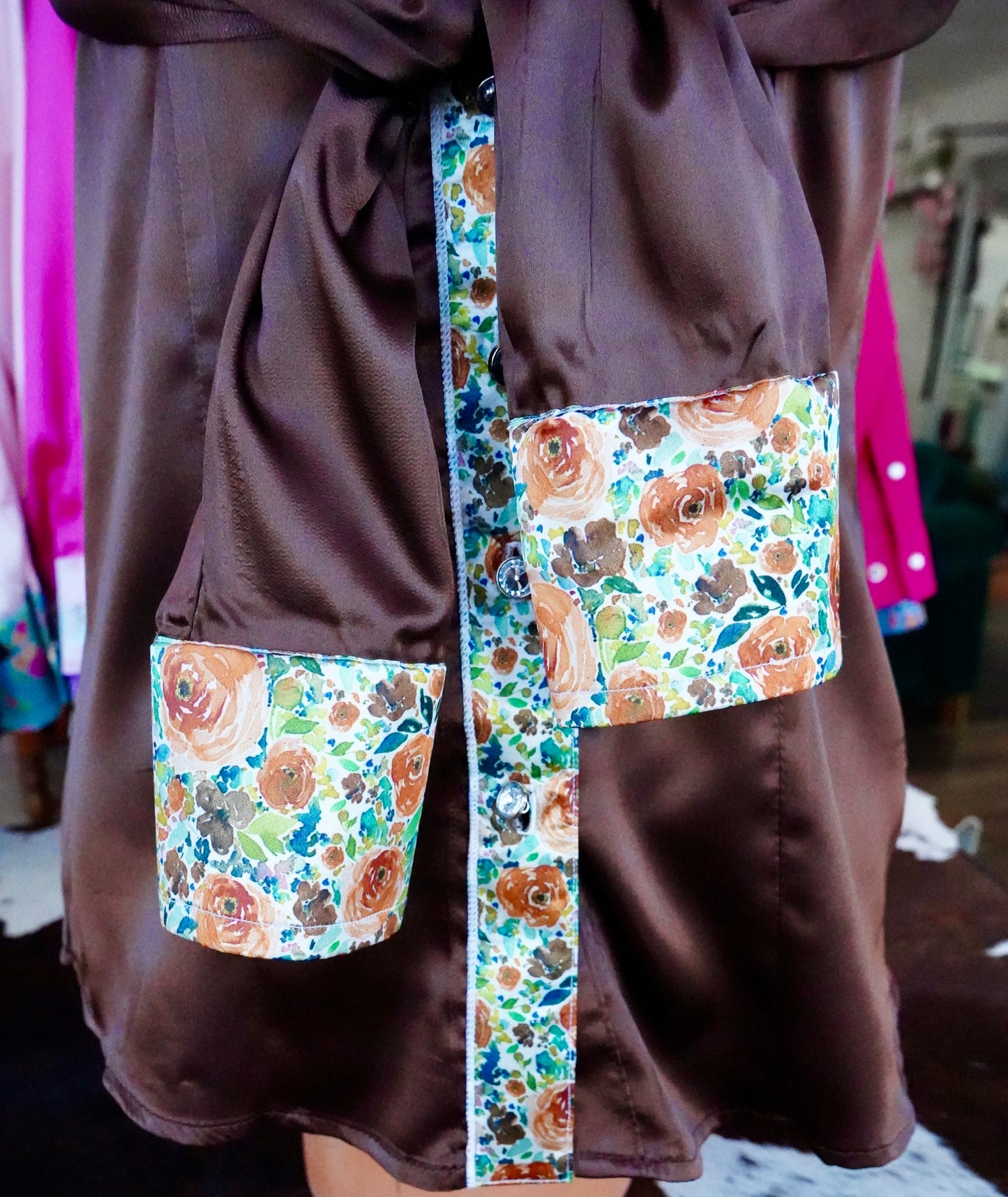 M - Watercolor Rust Roses on Brown Satin Button Down
