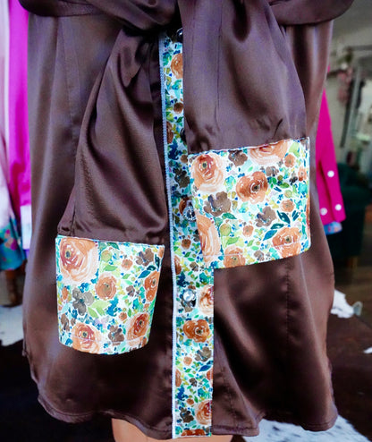 M - Watercolor Rust Roses on Brown Satin Button Down