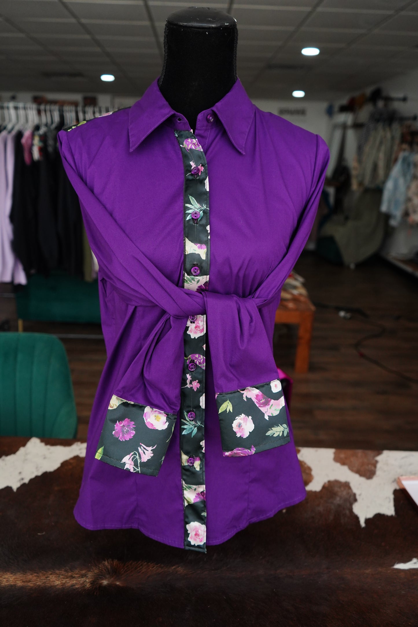 XL - Floral Weenie Dawg on Purple Cotton Button Down