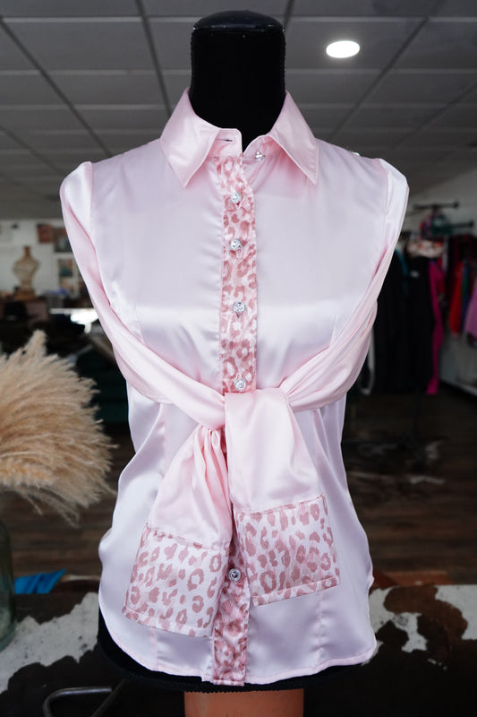S - Blush Cheetah on Light Pink Satin Button Down