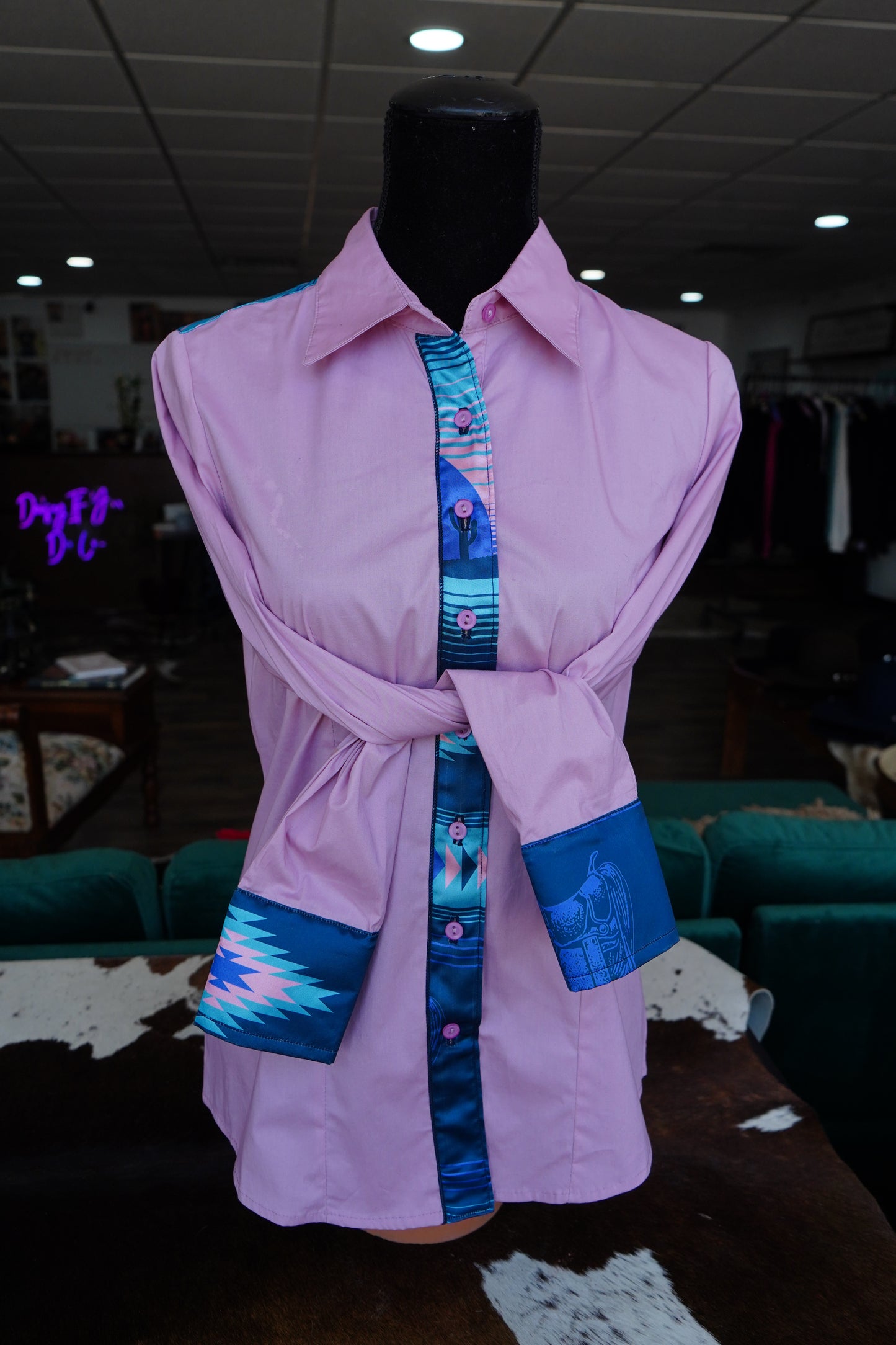 L - Aztec Cowboy Sunset on Muave Cotton Button Down