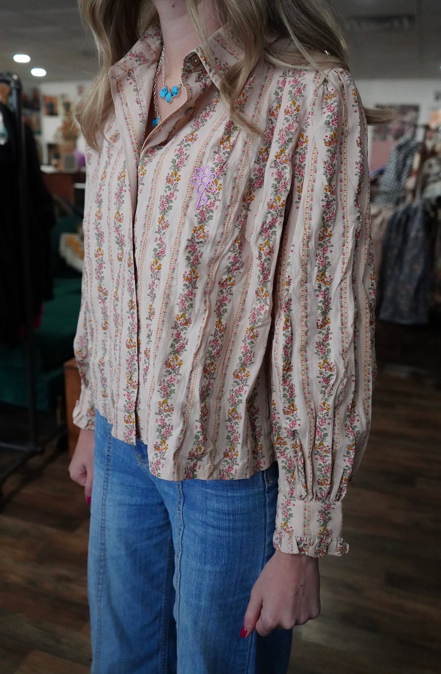 Daisy Floral Stripped Ruffle Button Down