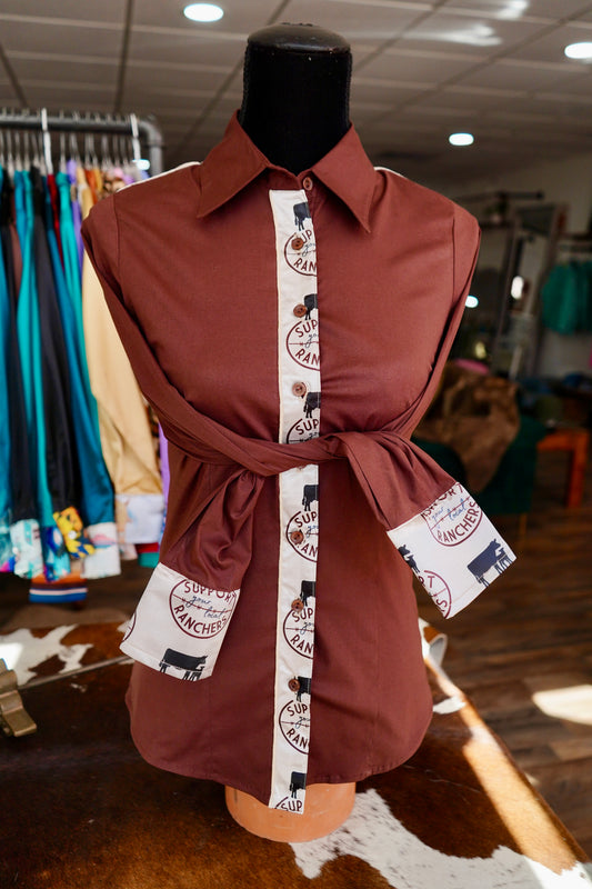 M - Support Your Local Ranchers on Brown Cotton Button Down