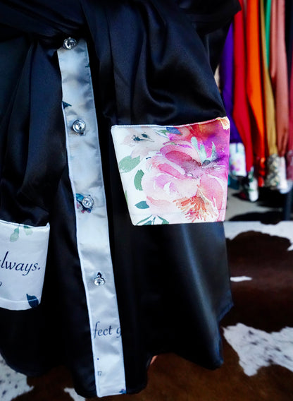 L - White Verses on Black Satin Button Down