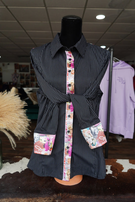 XL - Dolly on B/W Stripe Cotton Button Down