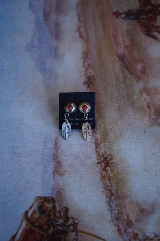 Stamped Red Spiny w/ Feather Stud Earrings