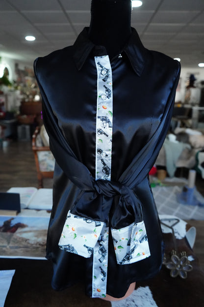 L - Pistols & Daisies on Black Satin Button Down