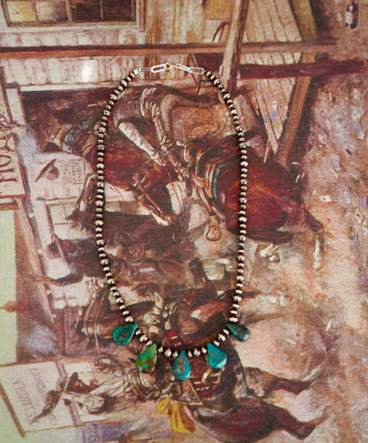Sterling Silver Pearls w/ Turquoise Teardrops Necklace