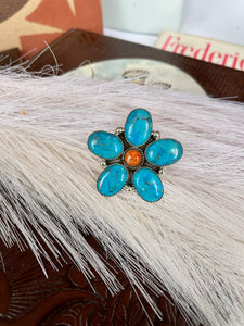 Spiny Oyster & Turquoise Flower Statement Ring