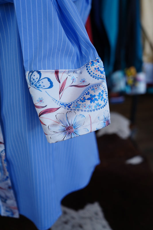 M - Blue & Rust Floral Paisley on Blue Stripe Cotton Button Down
