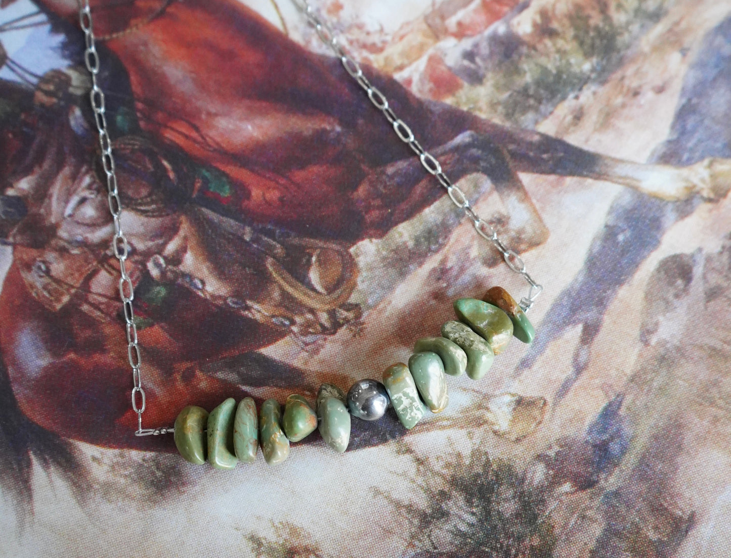 Turquoise Chips w/ Sterling Silver Pearl Necklace