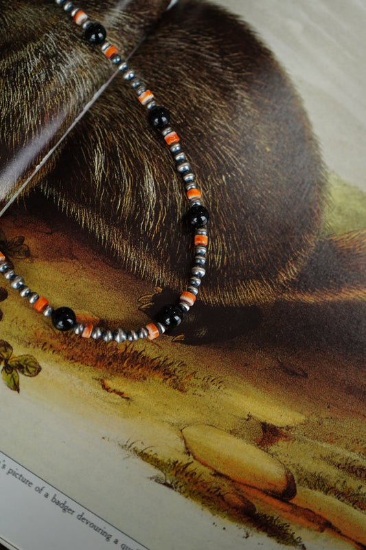 Black Onyx & Orange Spiny Navajo Pearl Necklace - 18”