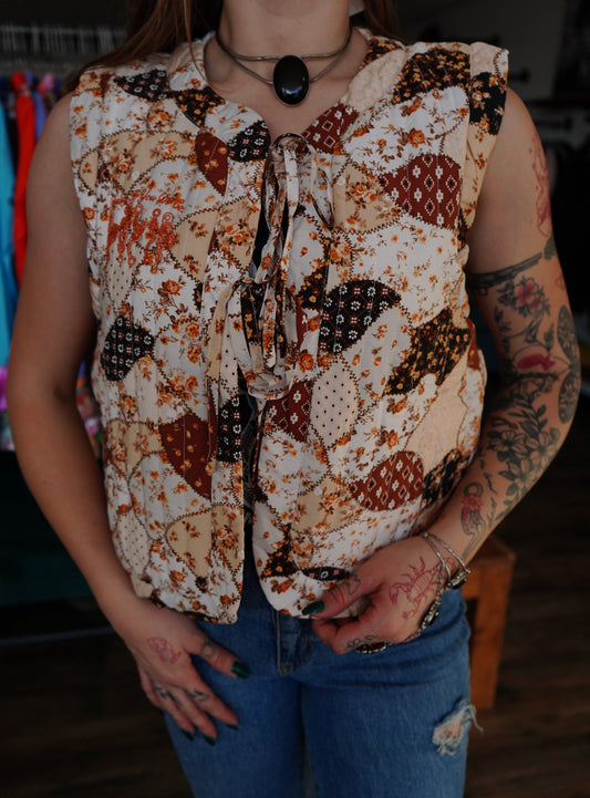 Daisy Spade Embroidered Autumn Patchwork Quilted Bow Tie Vest