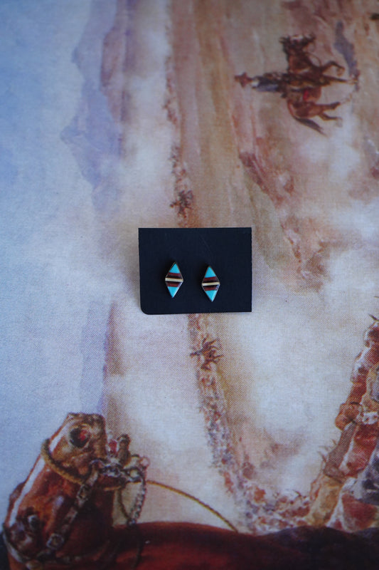 Vintage Multi Stone Inlay Oval Stud Earrings