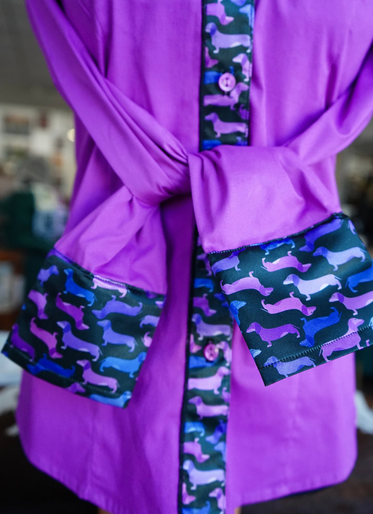 M - Purple Weenie Dawgs on Magenta Cotton Button Down
