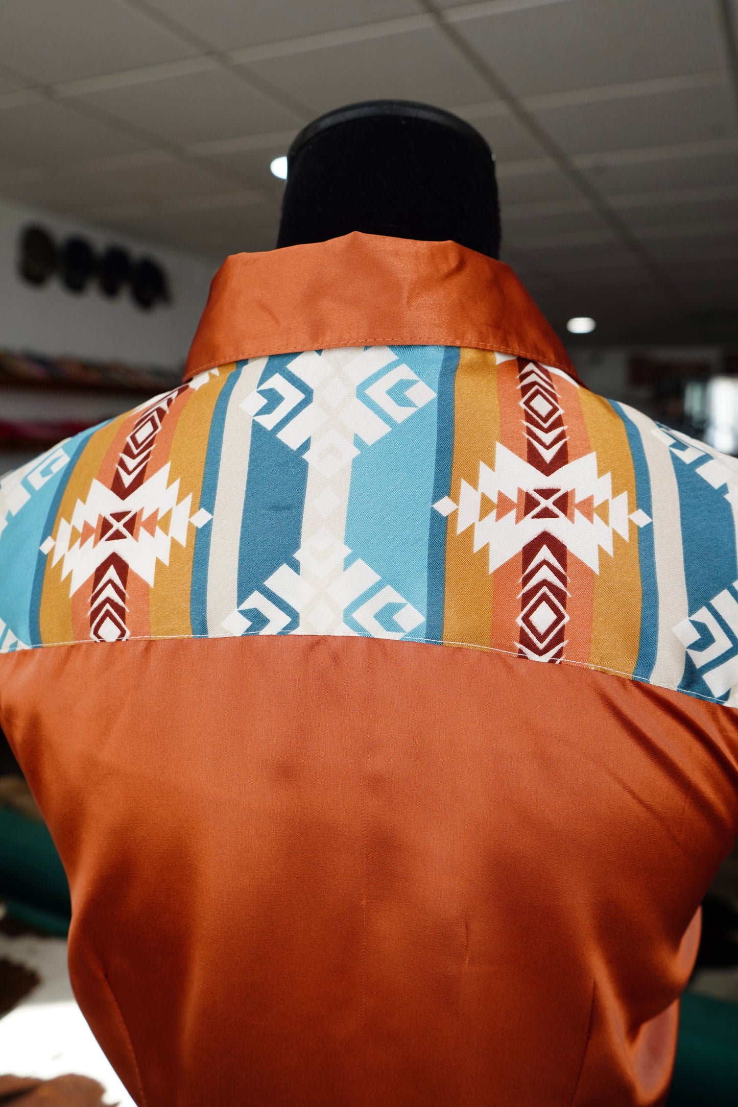 M - Blue/Tan Aztec on Rust Satin Button Down