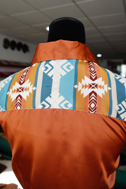 M - Blue/Tan Aztec on Rust Satin Button Down