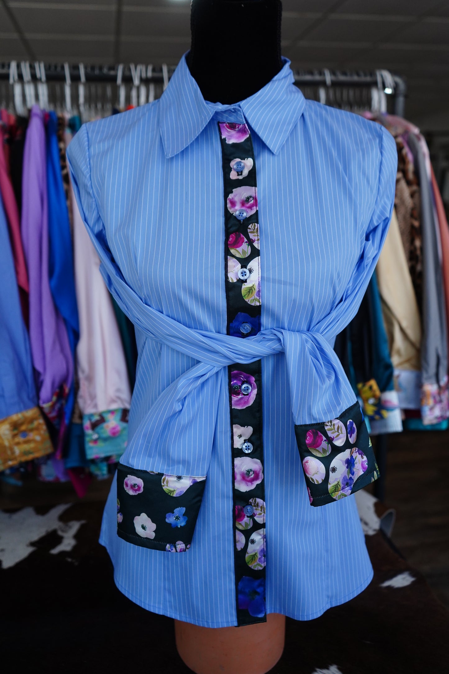 S - Floral Paw Prints on Blue Stripe Cotton Button Down