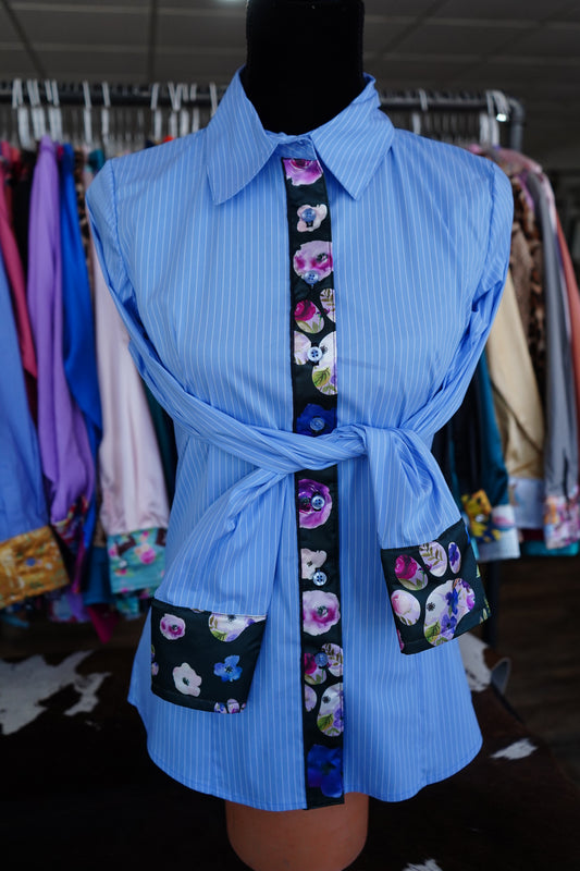 S - Floral Paw Prints on Blue Stripe Cotton Button Down