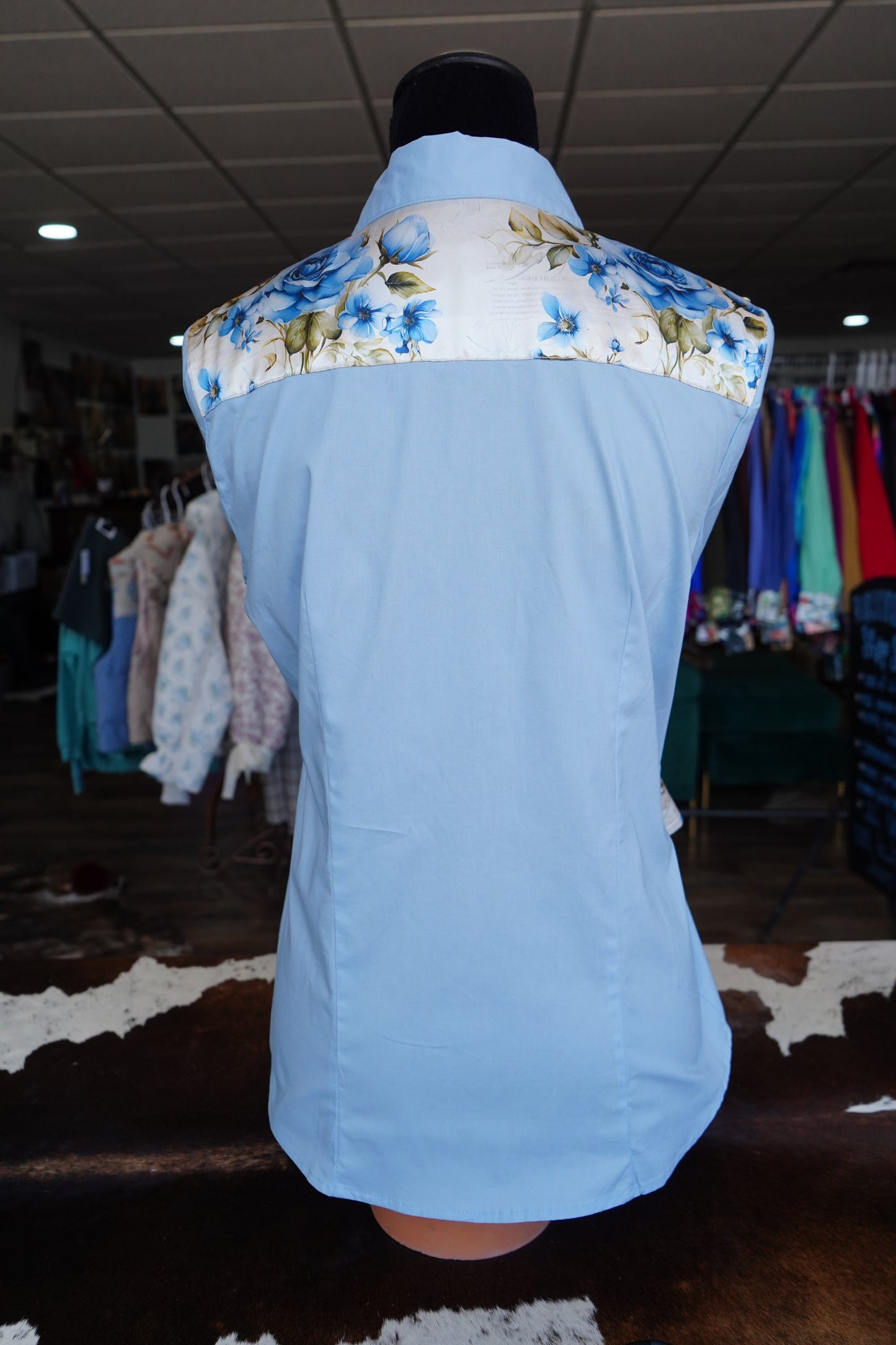 L - Blue Journal Roses on Baby Blue Cotton Button Down