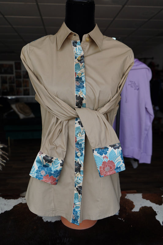 XL - Rust & Turquoise Floral on Tan Cotton Button Dowm