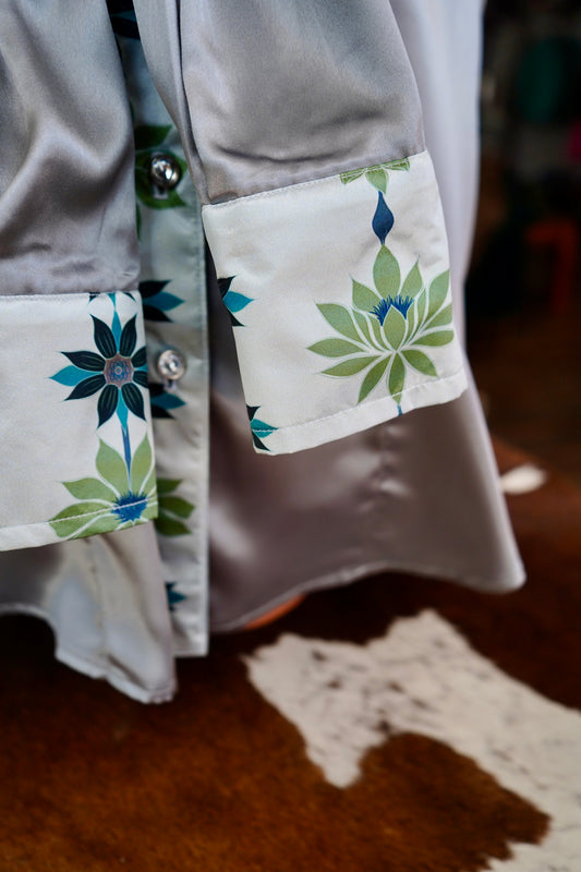2XL - Green Lotus Flowers on Silver Satin Button Down