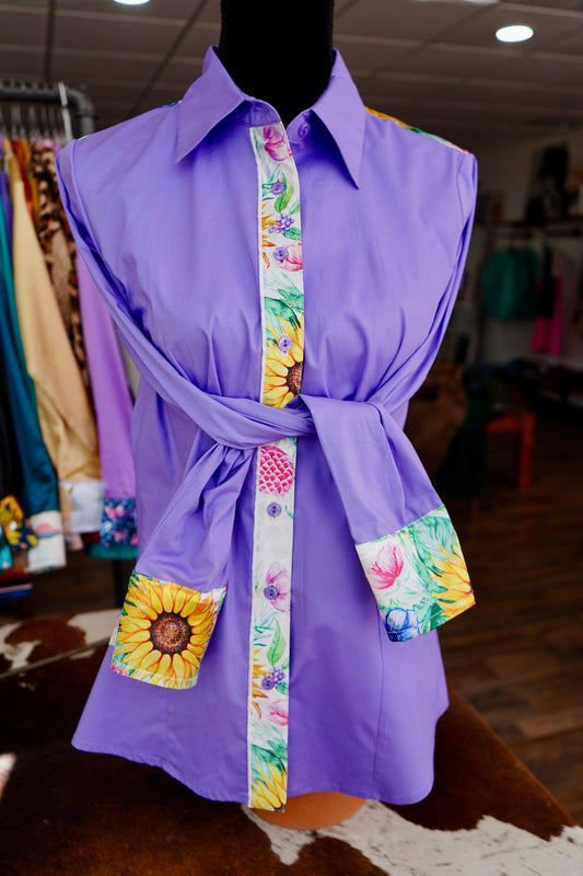 XL - Sunflowers & Wildflowers on Lavender Cotton Button Down