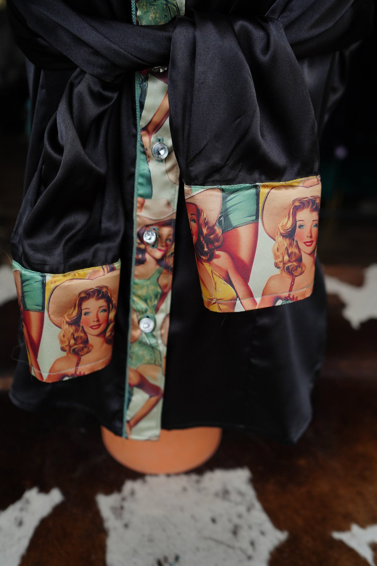 L - Sage Pinup Cowgals on Black Satin Button Down