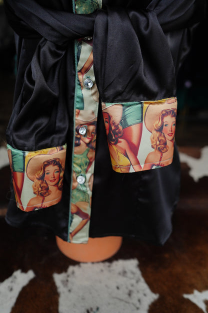L - Sage Pinup Cowgals on Black Satin Button Down
