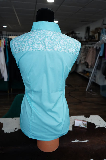 M - Turquoise & White Flowers on Baby Blue Cotton Button Down