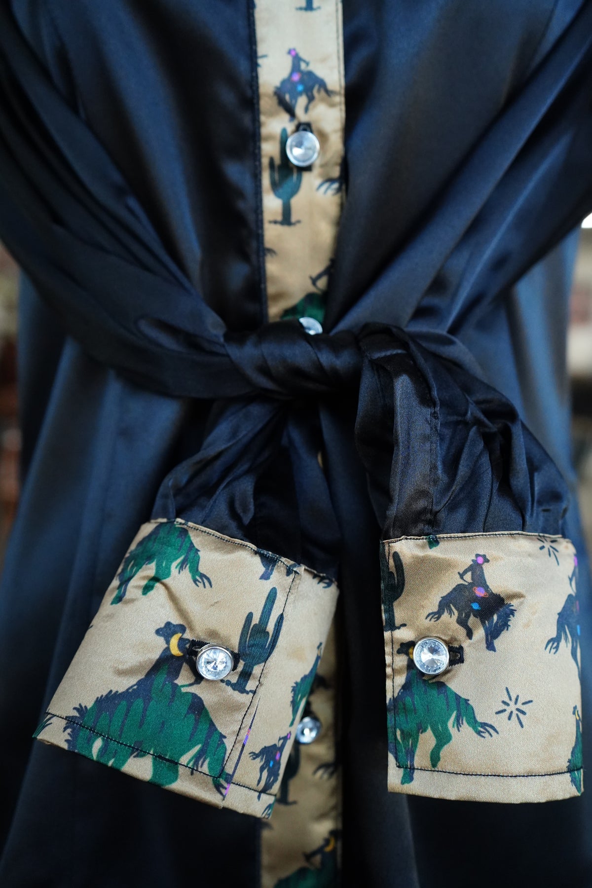 L - Space Cowboys on Black Satin Button Down