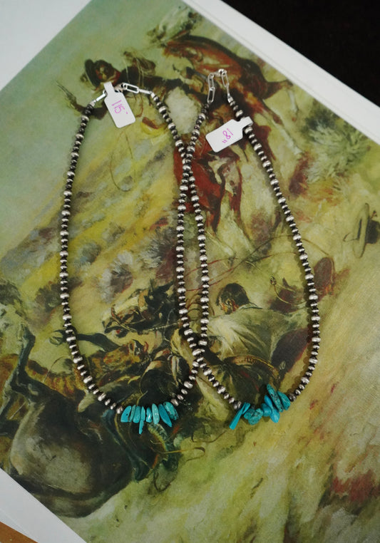 Sterling Silver Pearls w/ Turquoise Chips Necklaces - 18”