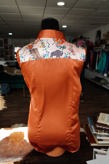M - Light Pink Western Floral on Rust Satin Button Down
