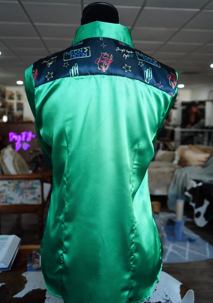 M - Neon Moon on Kelly Green Satin Button Down