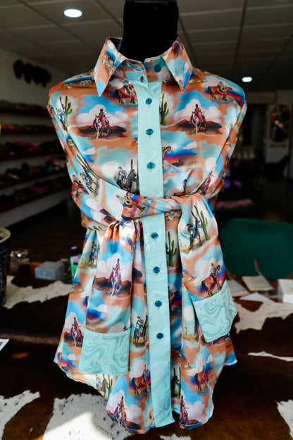 Daisy Original Painted Cowboy Scenes w/ Turquoise Groovy Button Down - Size 16