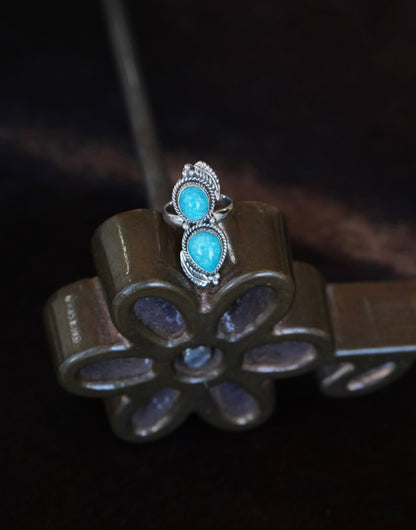 2 Stone Turquoise w/ Silver Feathers Ring - Sz 8