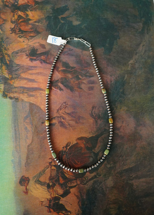 Sterling Silver Pearls w/ Green Turquoise Necklace - 18”