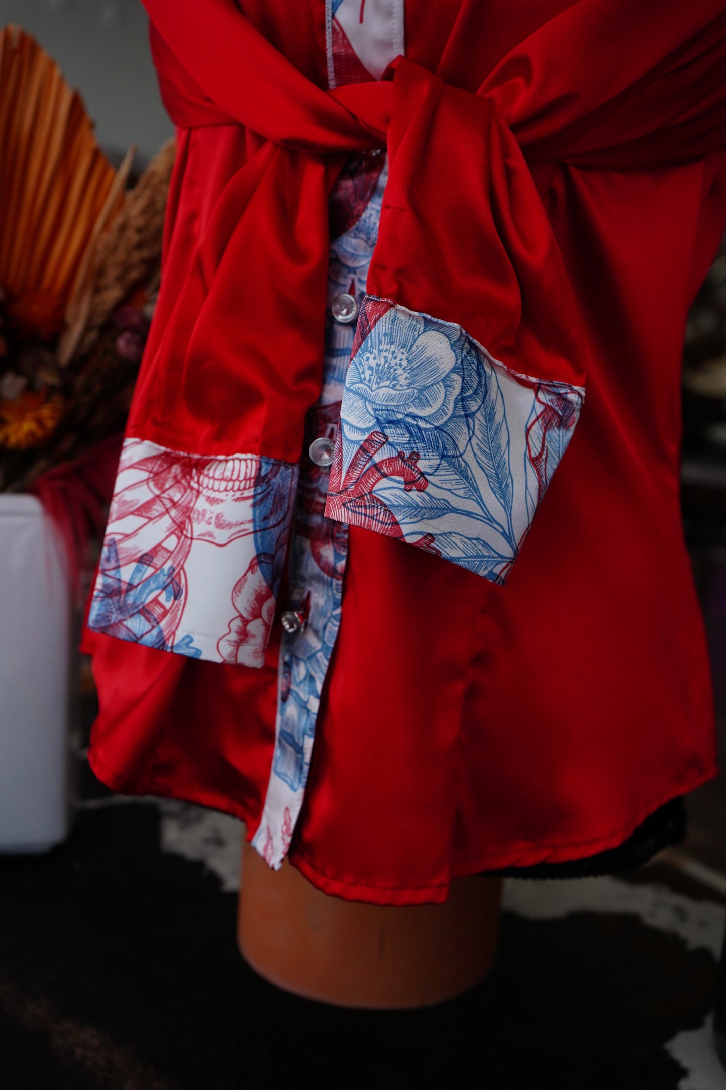 L - Red Satin w/ Patriotic Skulls n Flowers Button Down